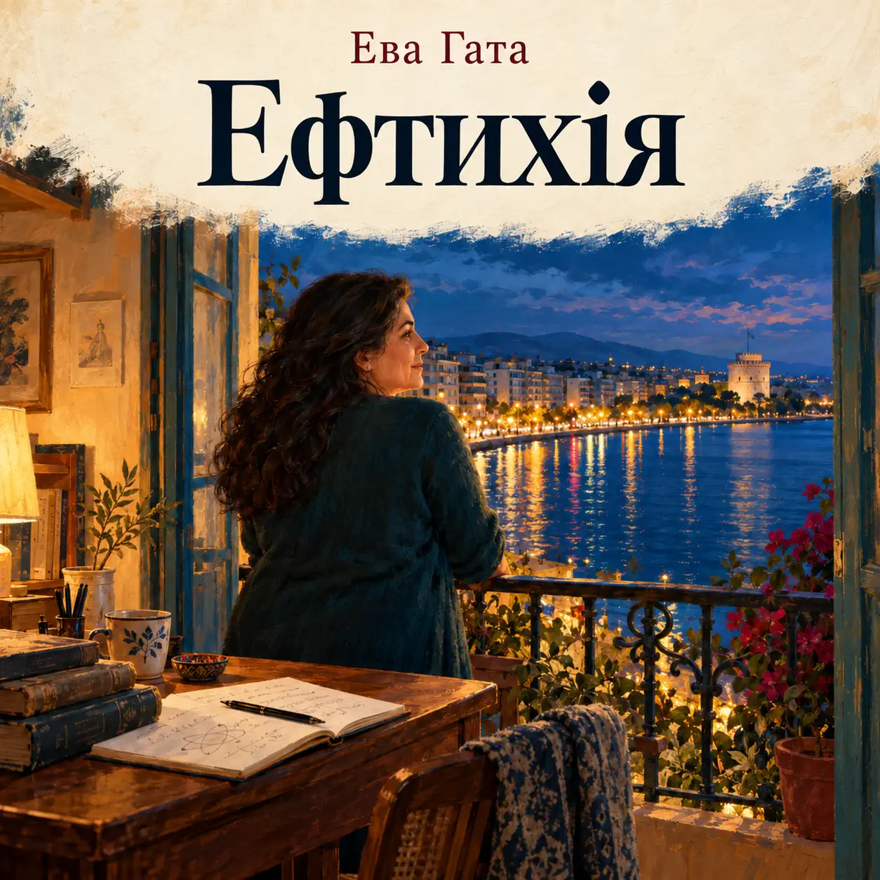 Eftyhia: illustrated cover with a woman on a balcony above an evening city